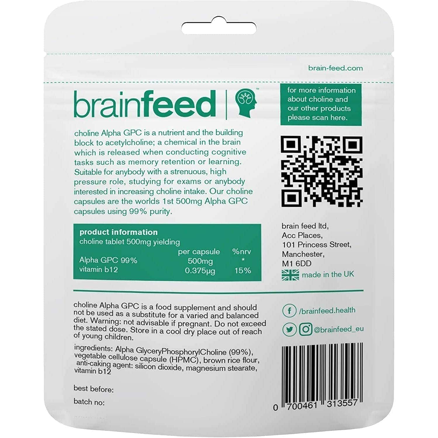 99% 500mg Alpha GPC  Benefits acetylcholine function – brain feed